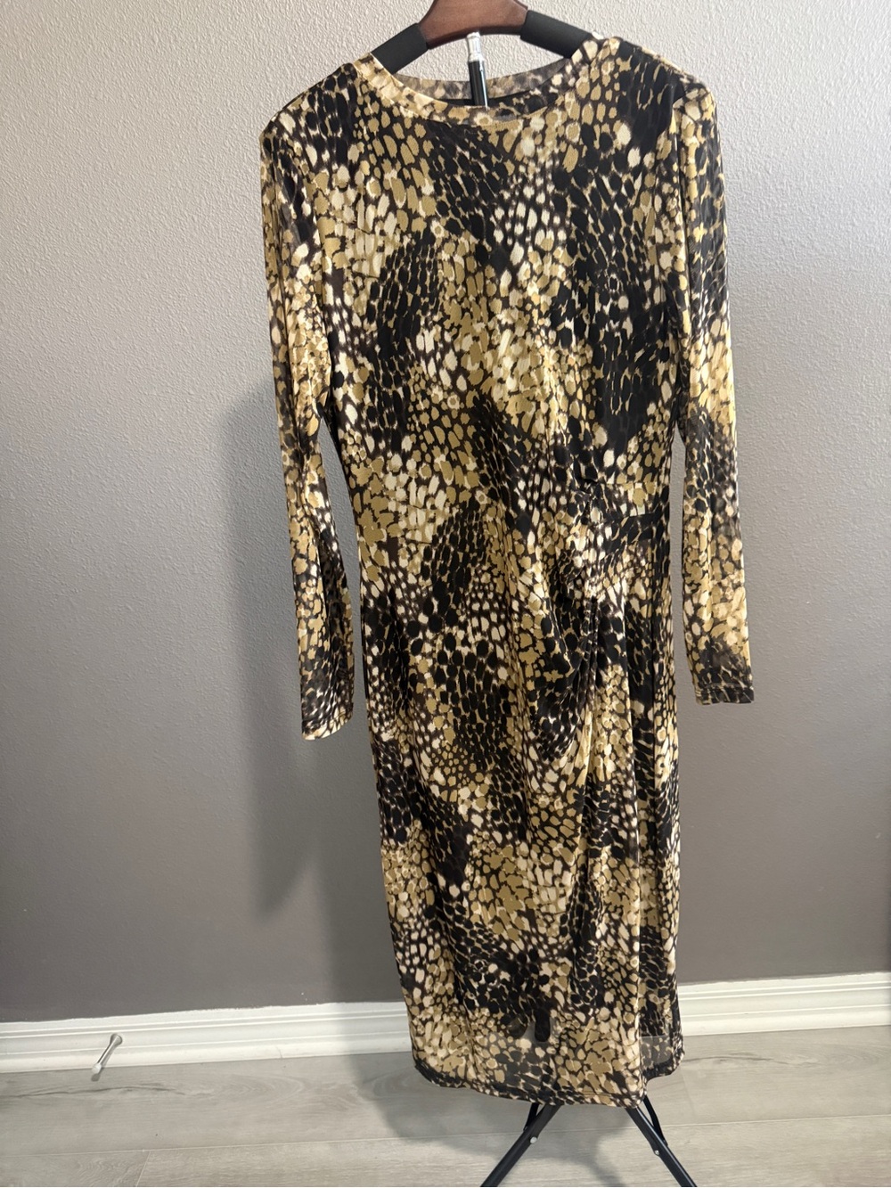 Nine West Black and Gold Animal Print Long Sleeve Midi Dress